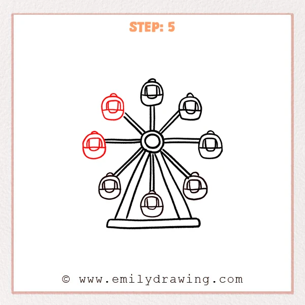 how to draw a ferris wheel - Step 5 of an easy ferris wheel drawing adds two more cabins on the left side spokes, matching the existing cabin shapes with windows, seats, and top connectors.